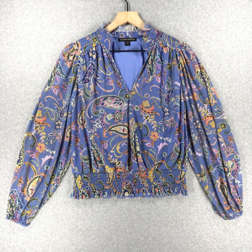 Boston Proper Purple Paisley Mesh Smocked Waist Blouse XS Long Sleeve V-Neck